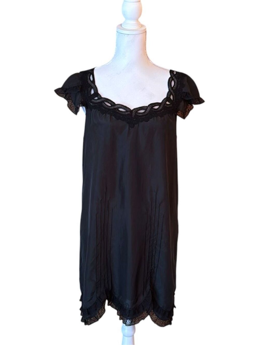 JUICY COUTURE 2009 Black Silk Babydoll Dress Swiss Dot Lace Trim